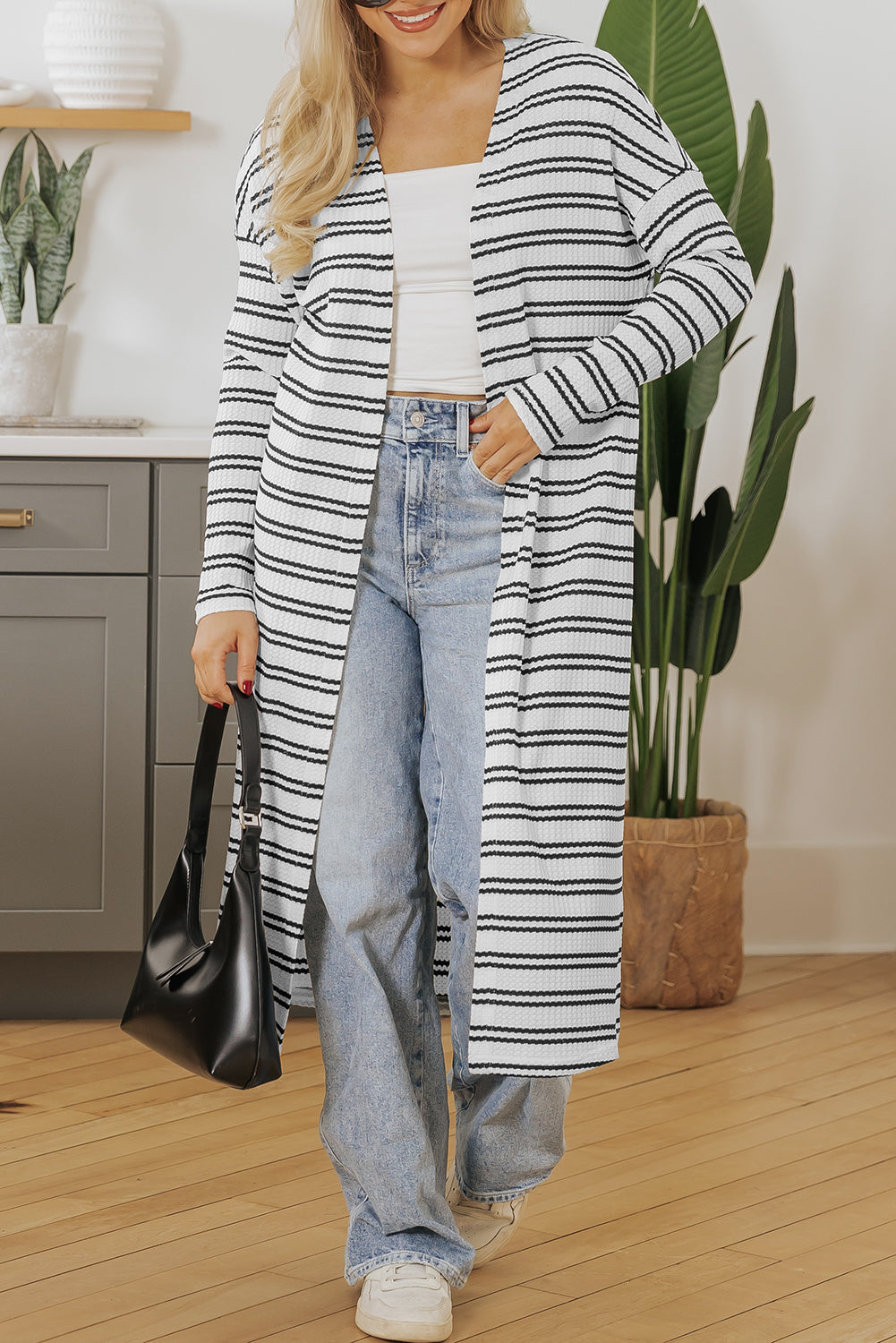 Print Open Front Duster Cardigan | Black Stripe