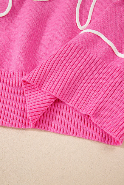 Corded Flower Bow Ribbed Trim Casual Sweater | Bright Pink