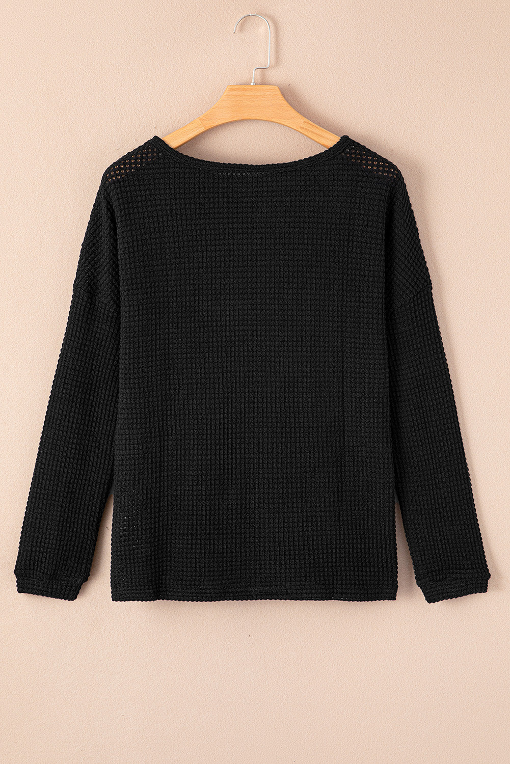 Waffle Knit Drop Shoulder Long Sleeve Top | Black