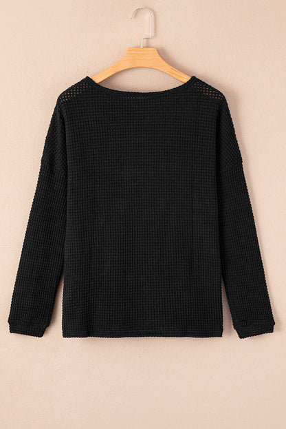 Waffle Knit Drop Shoulder Long Sleeve Top | Black