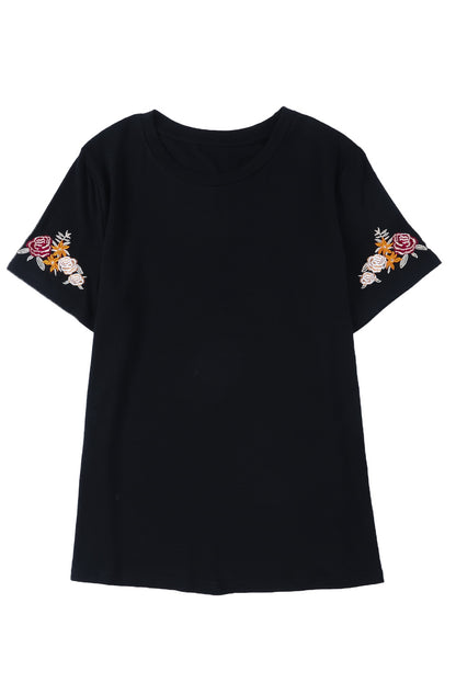 Floral Embroidered Round Neck Short Sleeve T Shirt | Black