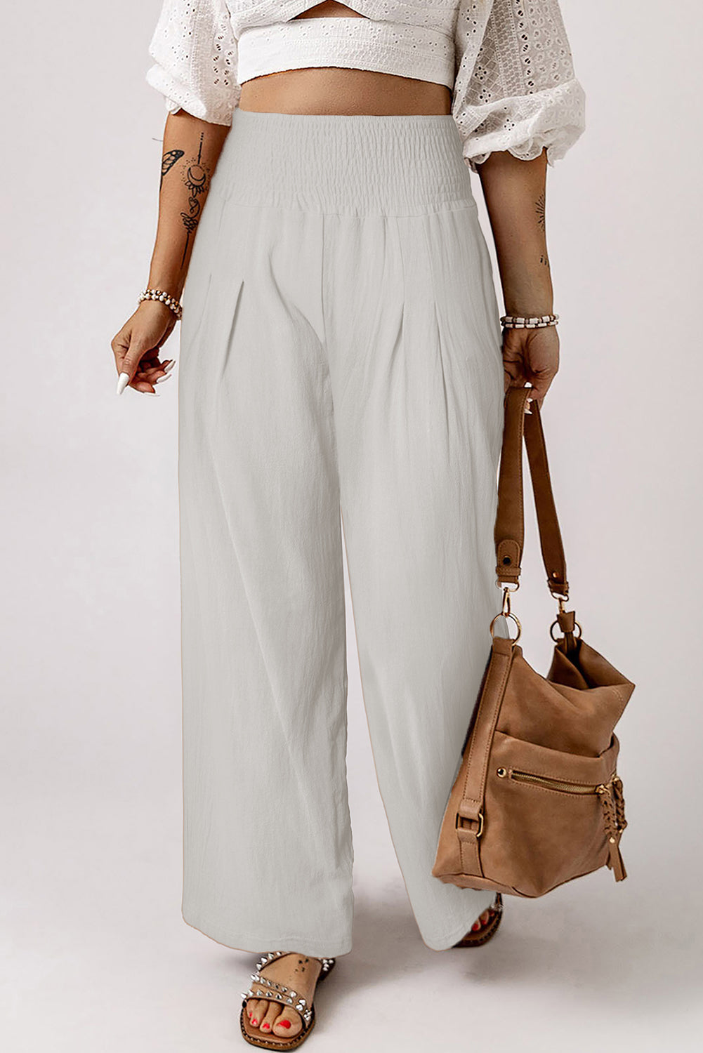 Smocked Wide Waistband High Waist Wide Leg Pants | White