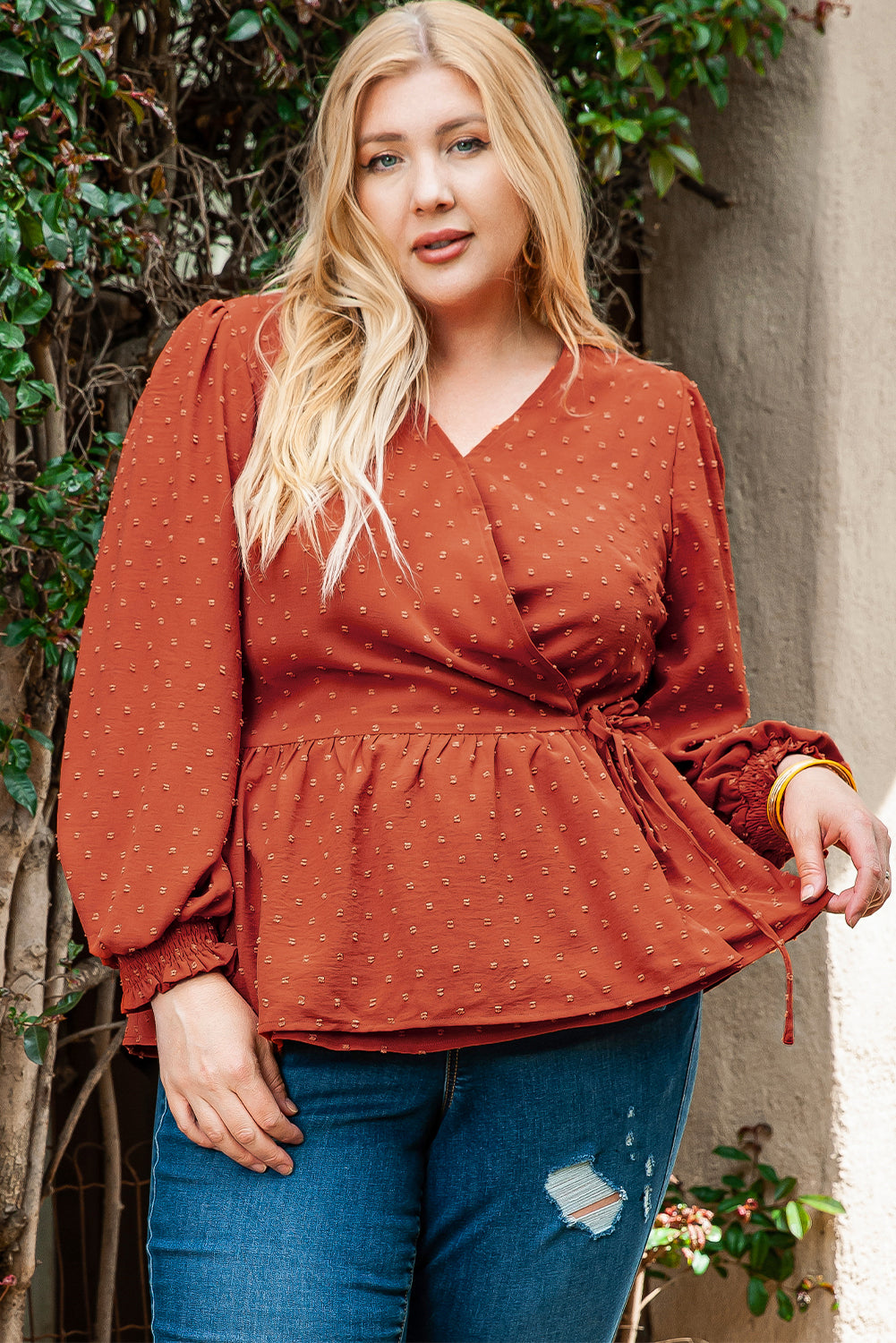 Plus Size Swiss Dot V Neck Wrap Tie Side Blouse | Gold Flame