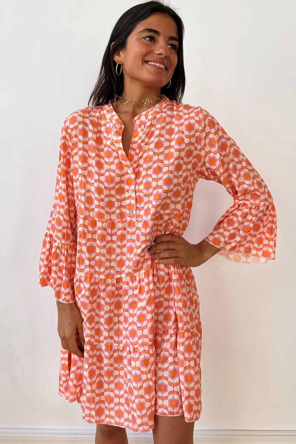 Floral Print Flounce Sleeve Buttoned Front Mini Dress | Orange