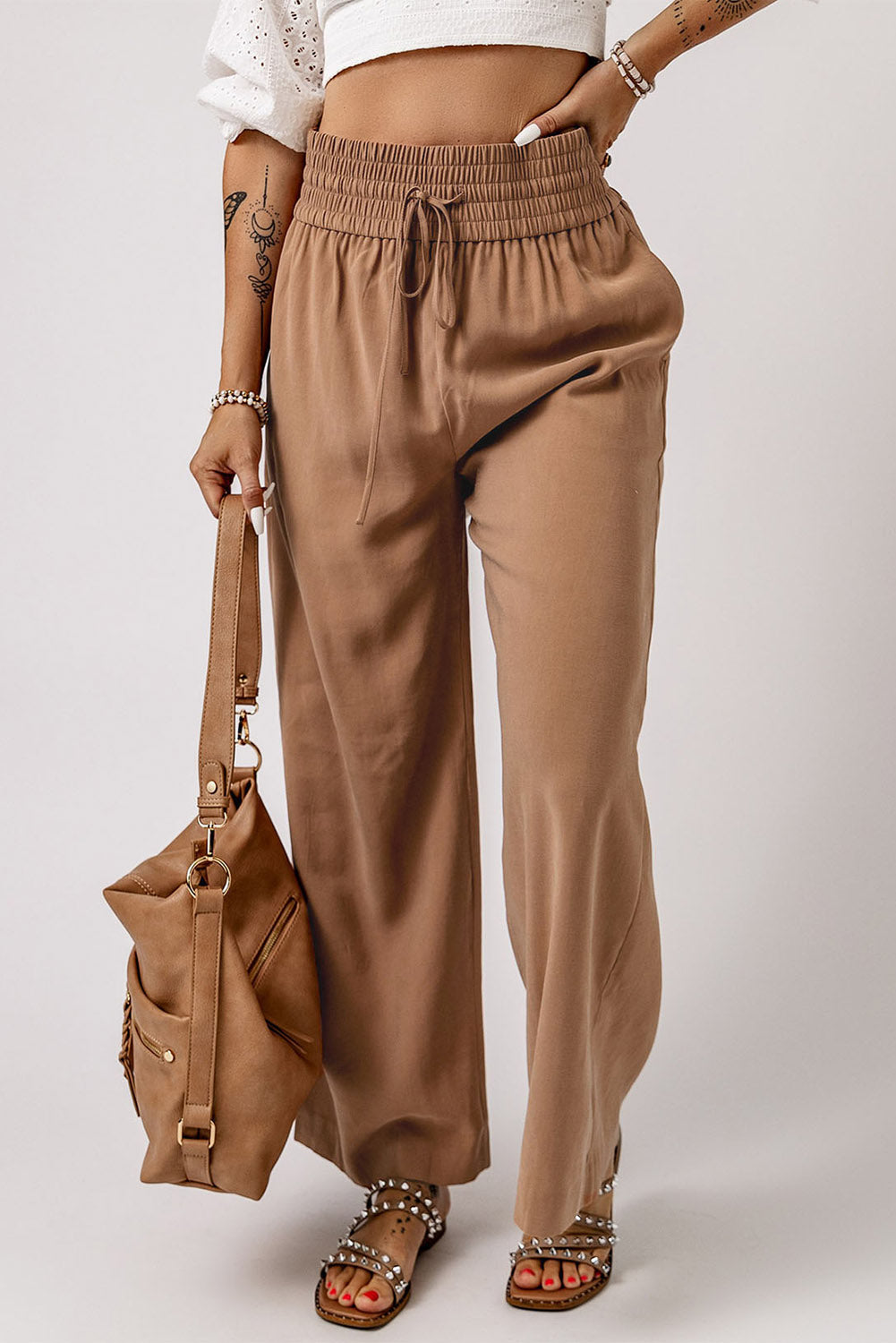 Drawstring Elastic Waist Casual Wide Leg Pants | Brown