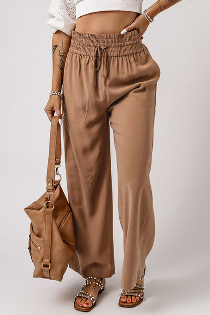 Drawstring Elastic Waist Casual Wide Leg Pants | Brown