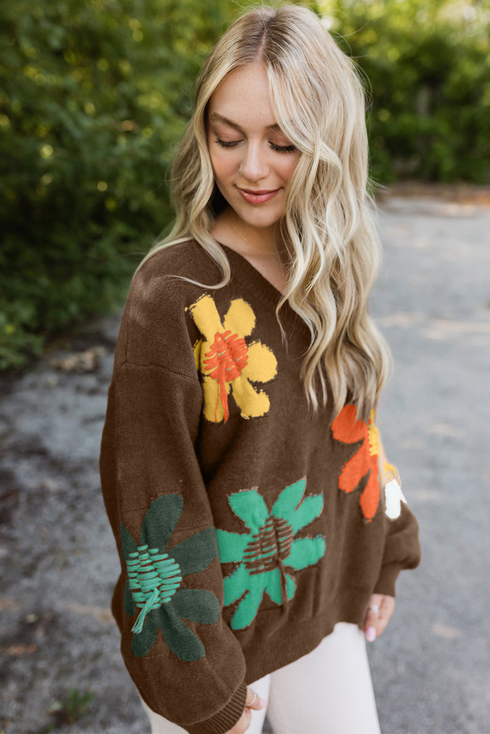 Big Flower Pattern V Neck Drop Shoulder Sweater | Coffee