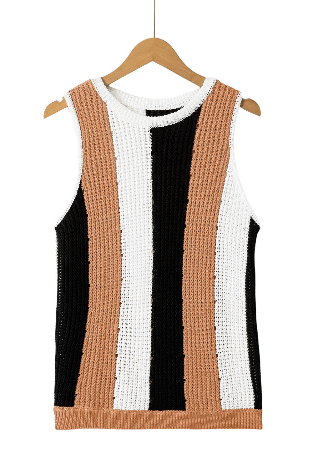 Colour Block Sleeveless Knitted Sweater Vest | Khaki Stripe