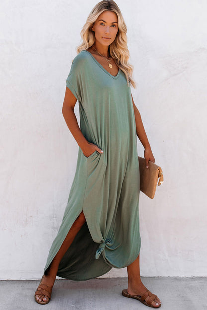 V Neck Hidden Pocket Splits Maxi T-Shirt Dress | Grass Green