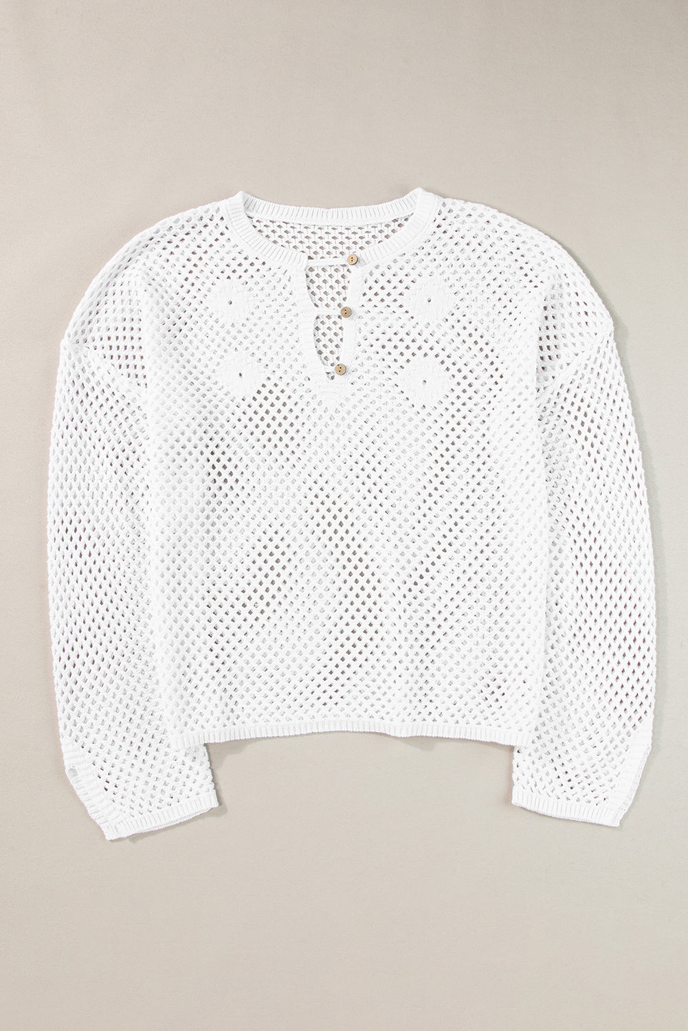 Open Knit Buttoned Neck Split Sleeve Sweater | White