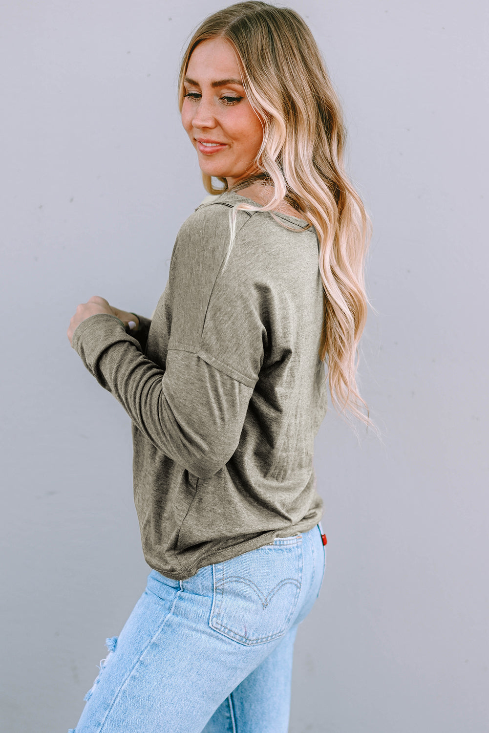 Long Sleeve V-Neck Stitching Henley Top | Khaki