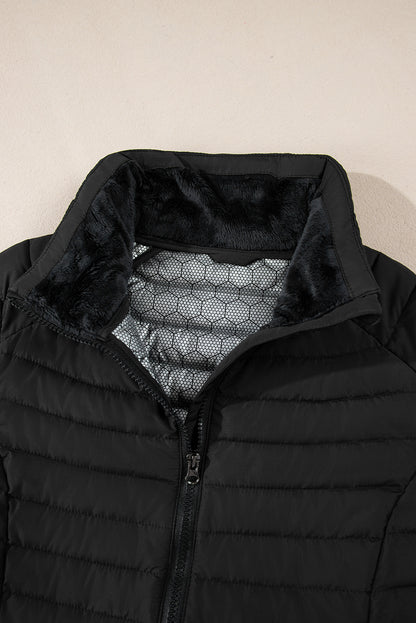 Solid Colour Quilted Zip-Up Puffer Jacket | Black