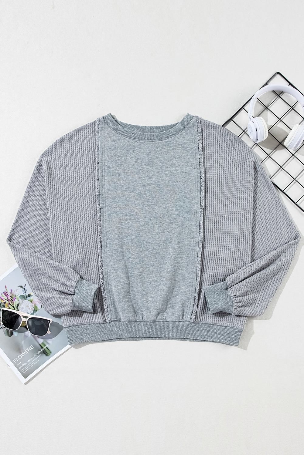 Waffle Patchwork Long Sleeve Raw Hem Pullover Top | Light Grey