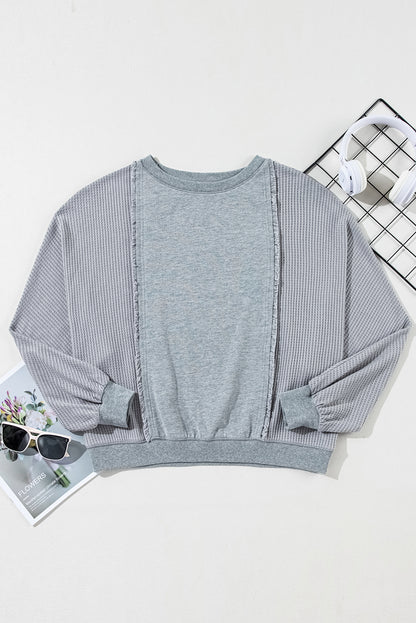 Waffle Patchwork Long Sleeve Raw Hem Pullover Top | Light Grey