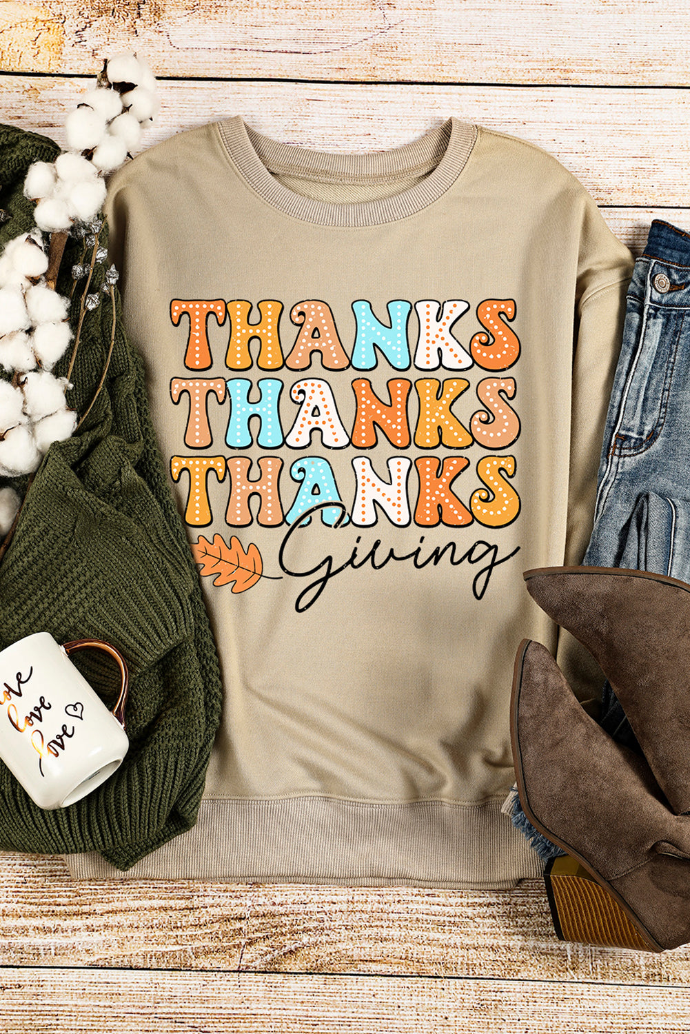 Thanks Giving Leaves Printed Drop Shoulder Sweatshirt | Khaki