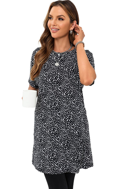 Leopard Print Side Pockets Tunic Top | Black