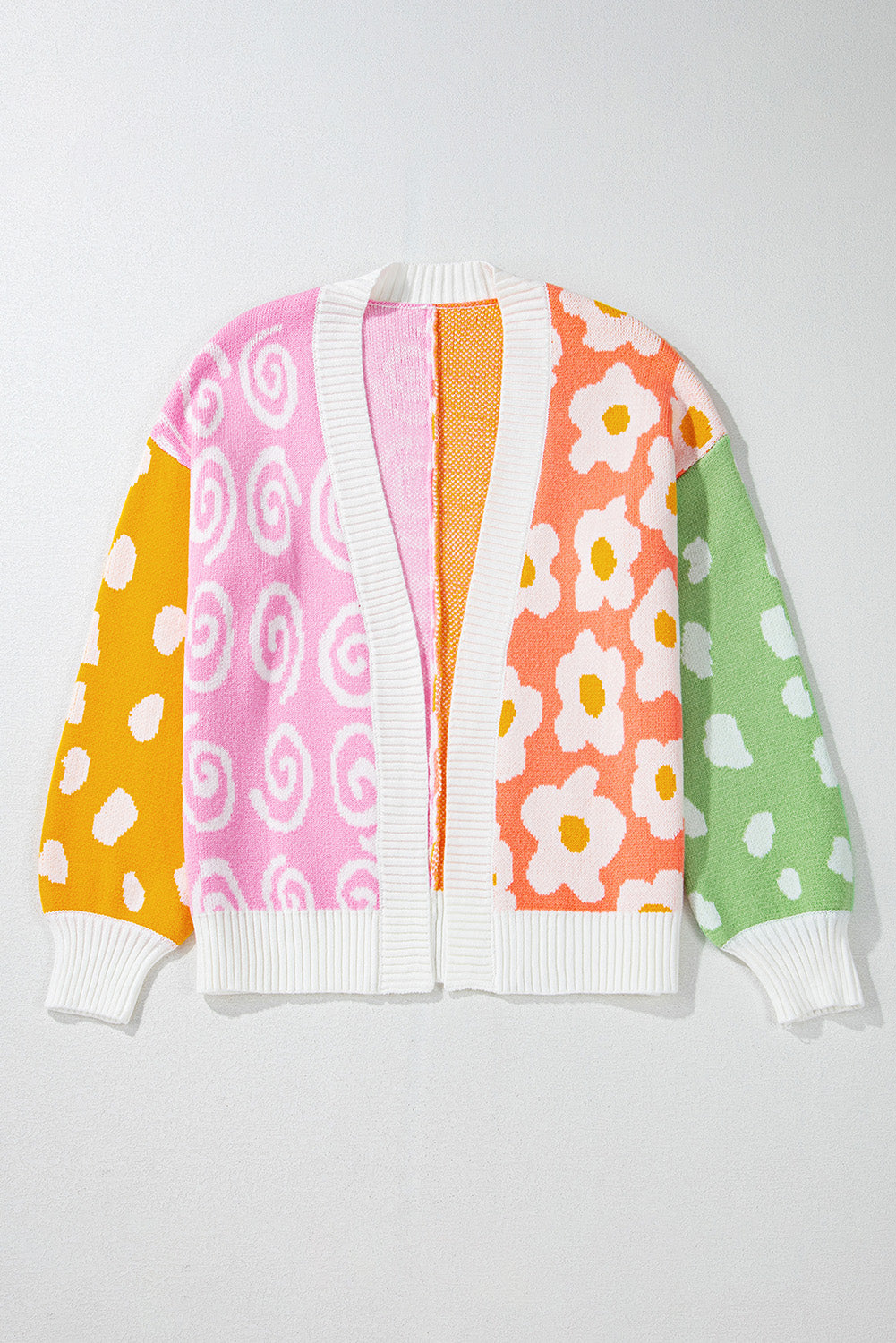 Flower & Dotted Mixed Print Colourblock Open Front Cardigan | Orange