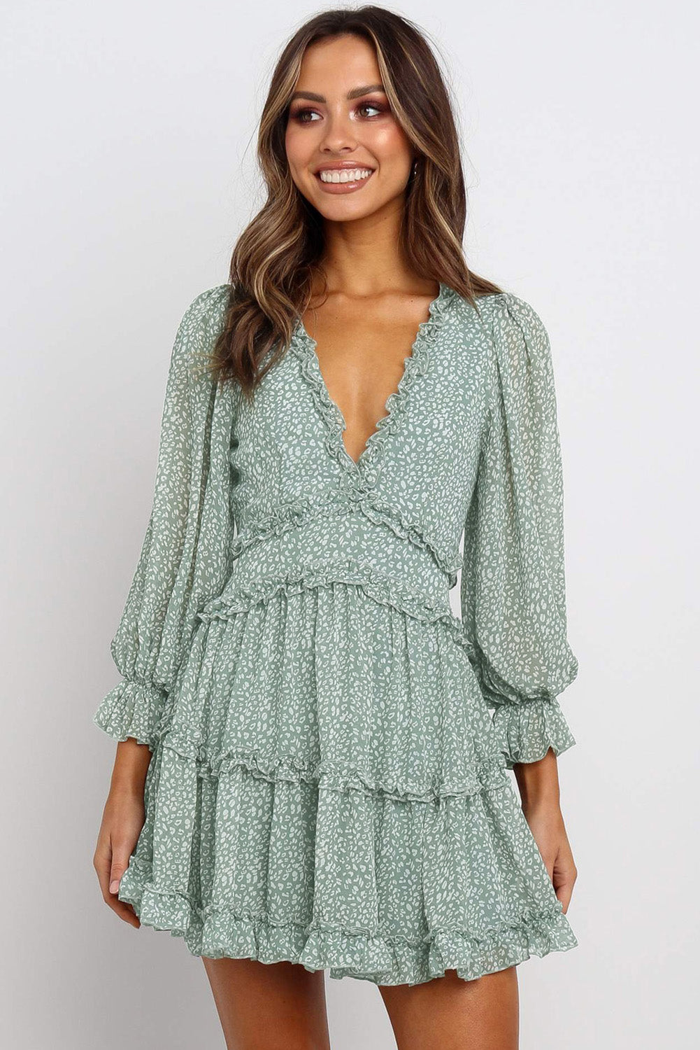 Ruffle Detailing Open Back Floral Dress | Green