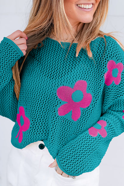 Big Flower Hollowed Knit Drop Shoulder Sweater | Sea Green