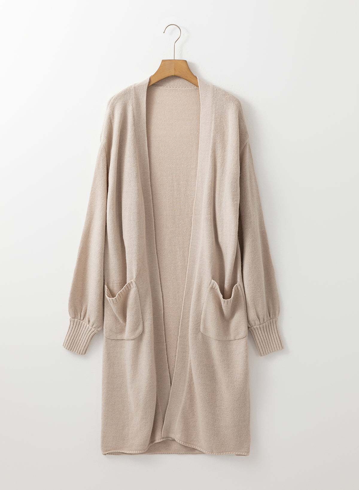 Side Pockets Open Front Long Knitted Cardigan | Beige