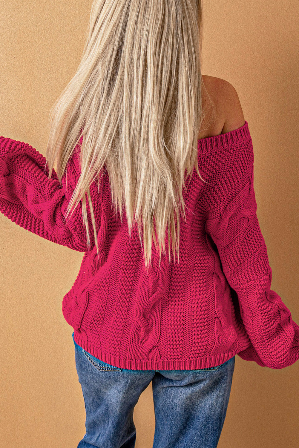 Bubblegum V-Neck Braided Knit Sweater | Rose