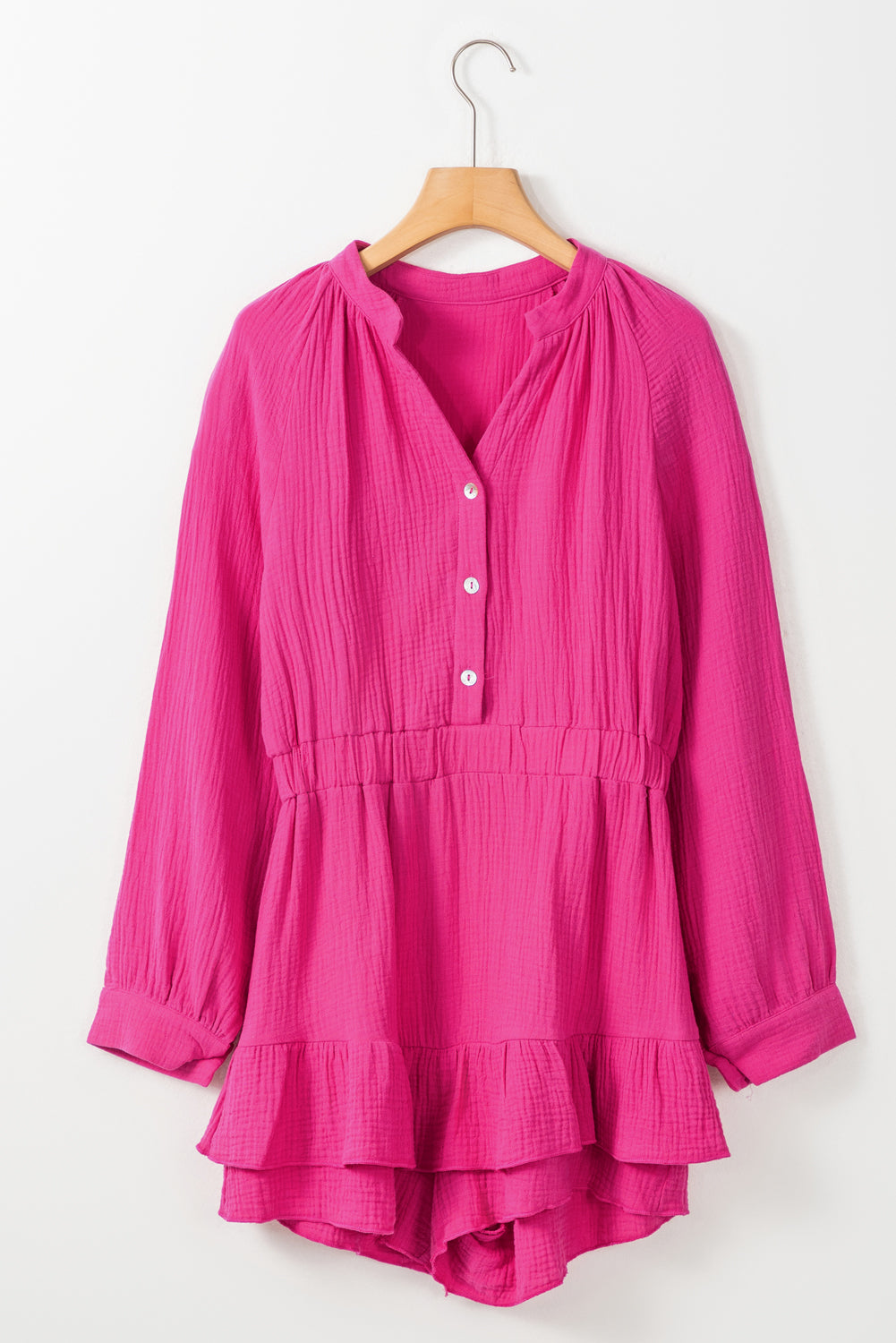 Textured Tiered Ruffled Buttoned Long Sleeve Romper | Rose