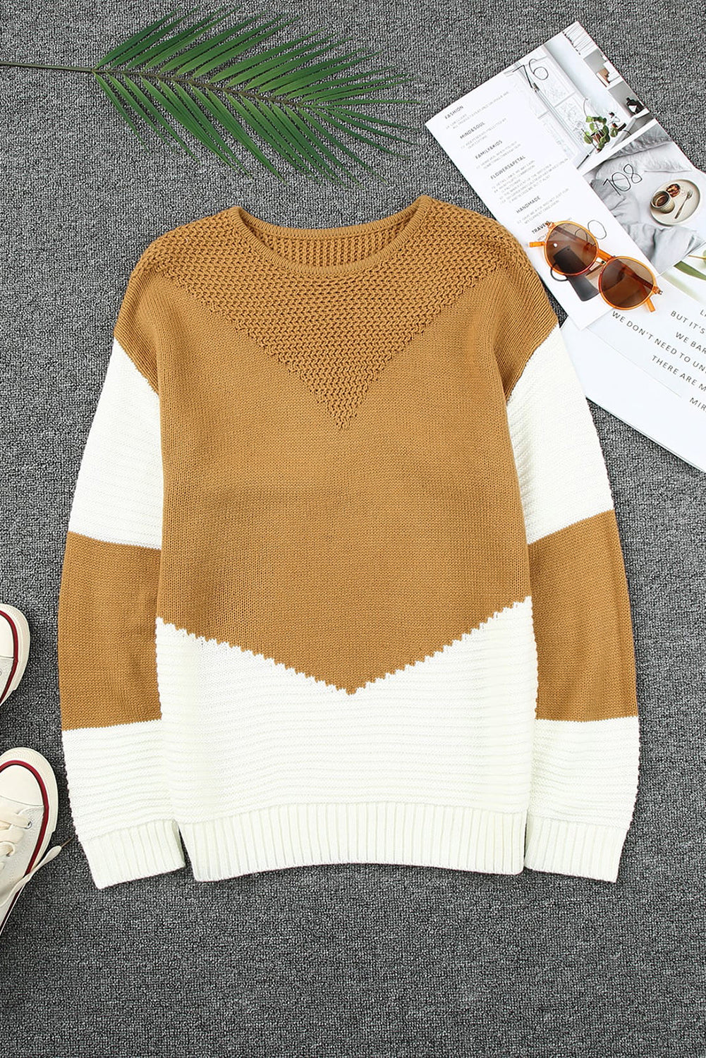 Two-Tone Chevron Pullover Sweater | Brown