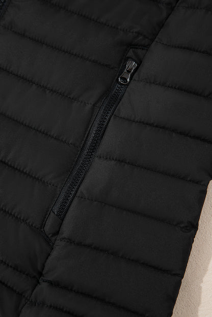 Solid Colour Quilted Zip-Up Puffer Jacket | Black