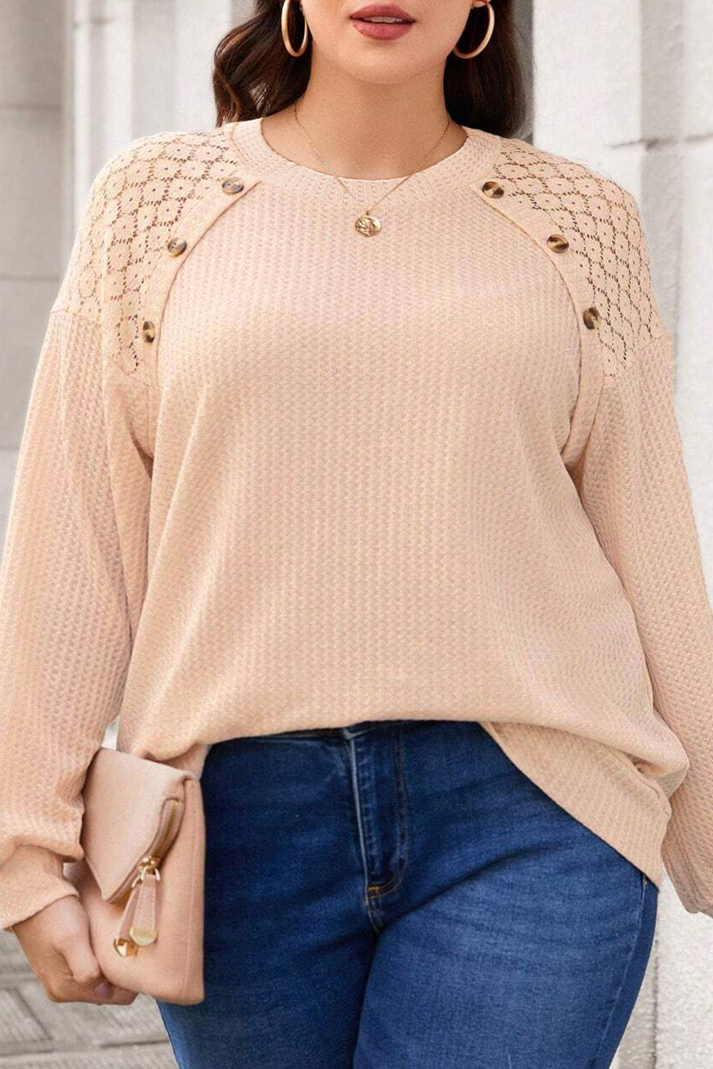 Plus Size Lace Patchwork Buttons Waffle Knit Top | Beige