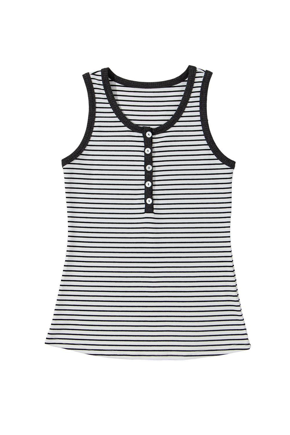 Ribbed Knit Buttoned U Neck Tank Top | White Stripe