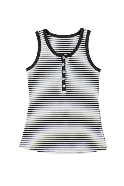 Ribbed Knit Buttoned U Neck Tank Top | White Stripe