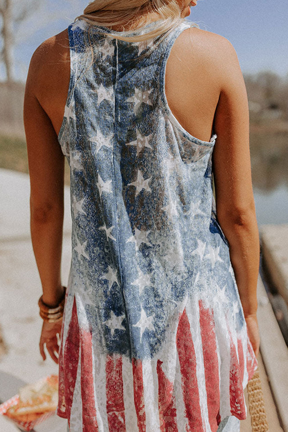 Usa Flag Print Loose Fit Tunic Tank Top | Blue