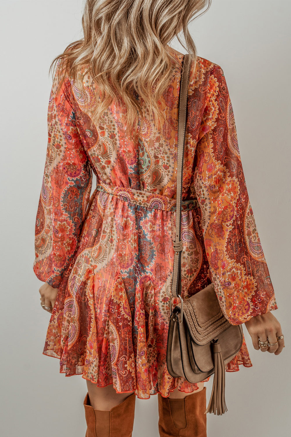 Boho Paisley Print Long Sleeve Pleated Belted Mini Dress | Orange