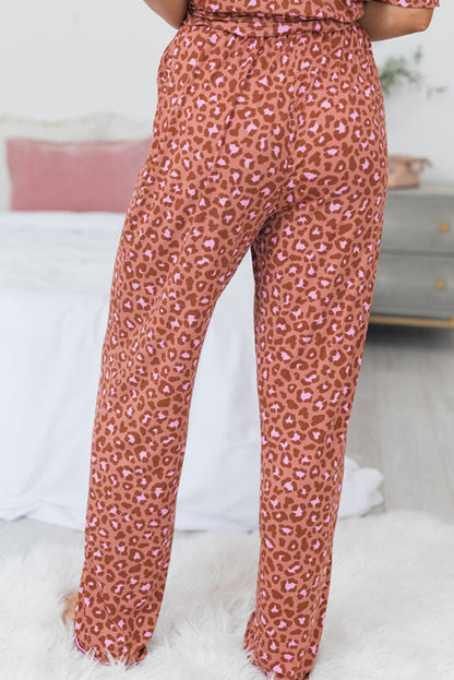 Leopard Print Short Sleeve Shirt And Pants Pajamas Set | Brown