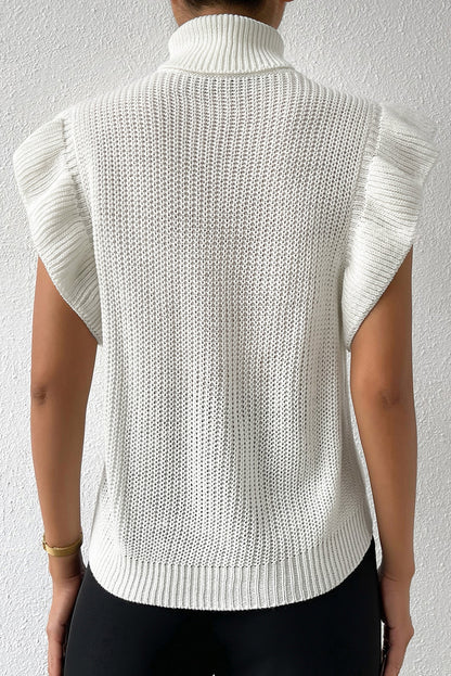 Turtle Neck Short Sleeve Cable Knit Ruffled Sweater | White