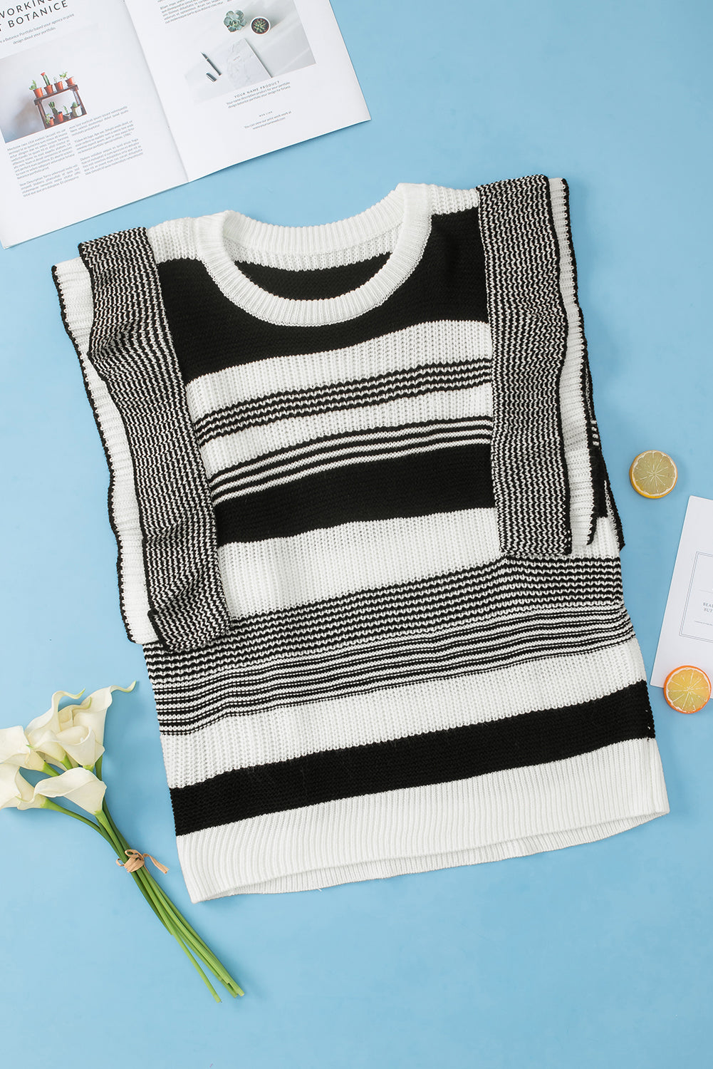 Plus Size Mixed Striped Print Ruffled Sweater Vest | Black