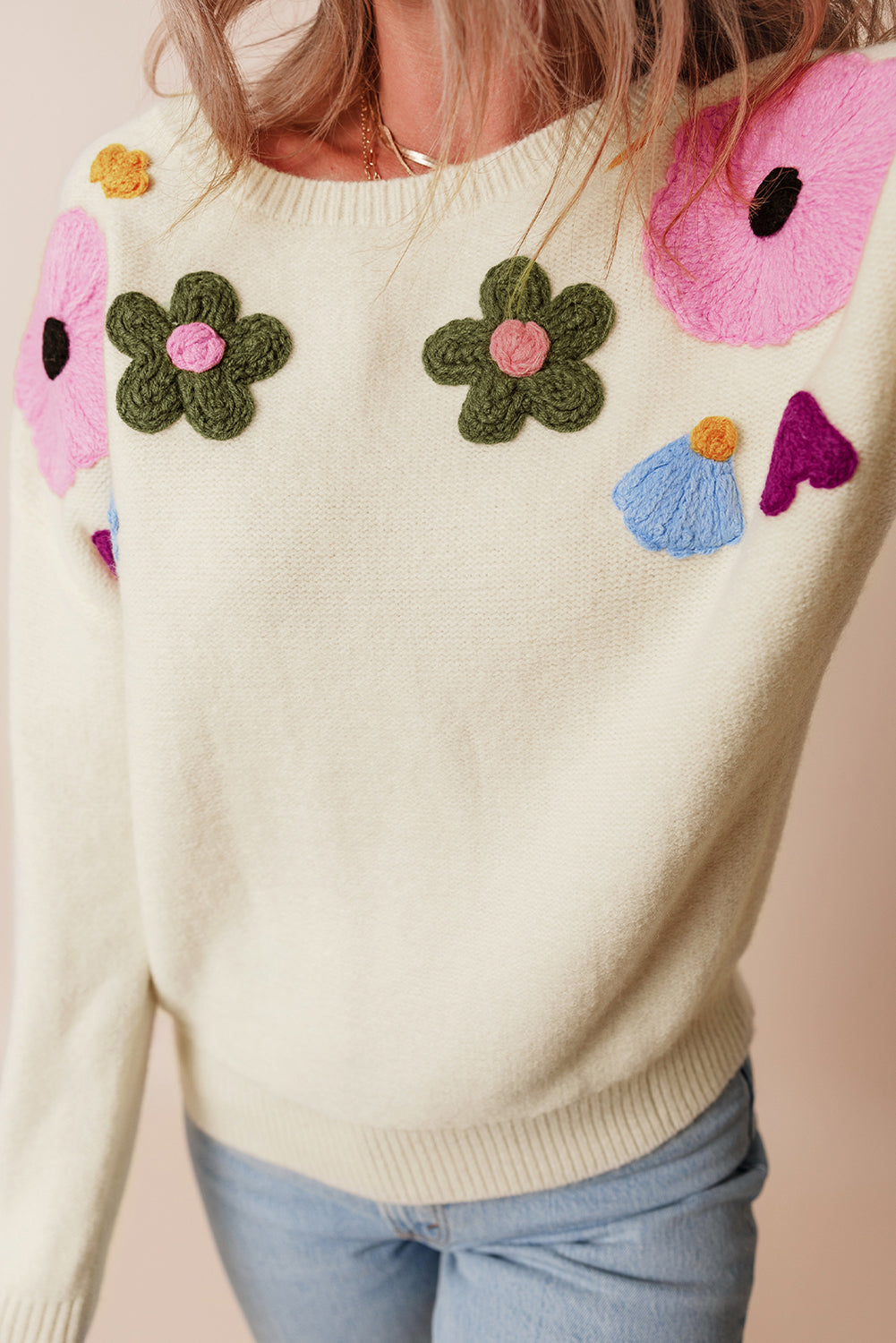 Knitted Flower Pattern Ribbed Edge Sweater | Beige