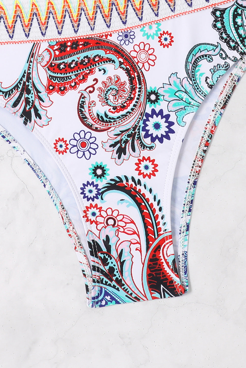 Boho Paisley Contrast Trimmed One-Shoulder Bikini | White