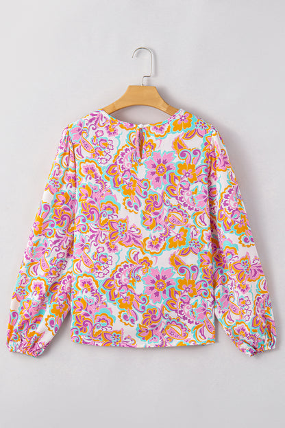 Boho Paisley Printed Peasant Sleeve Blouse | Purple