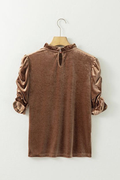 Ruffled Arm Velvet Top | Camel