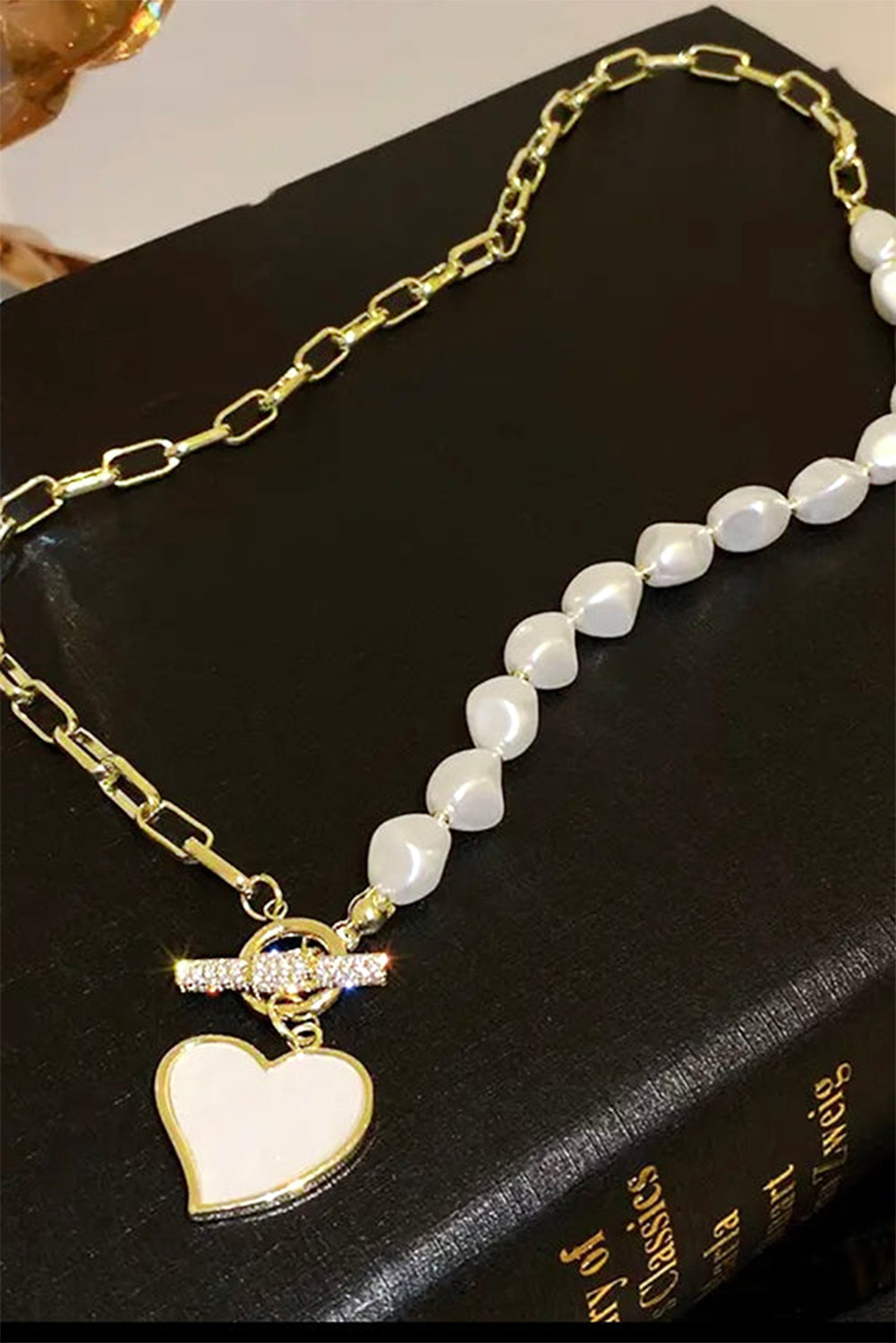 Heart Shape Pendant Rhinestone Decor Pearl Chain Necklace | Gold