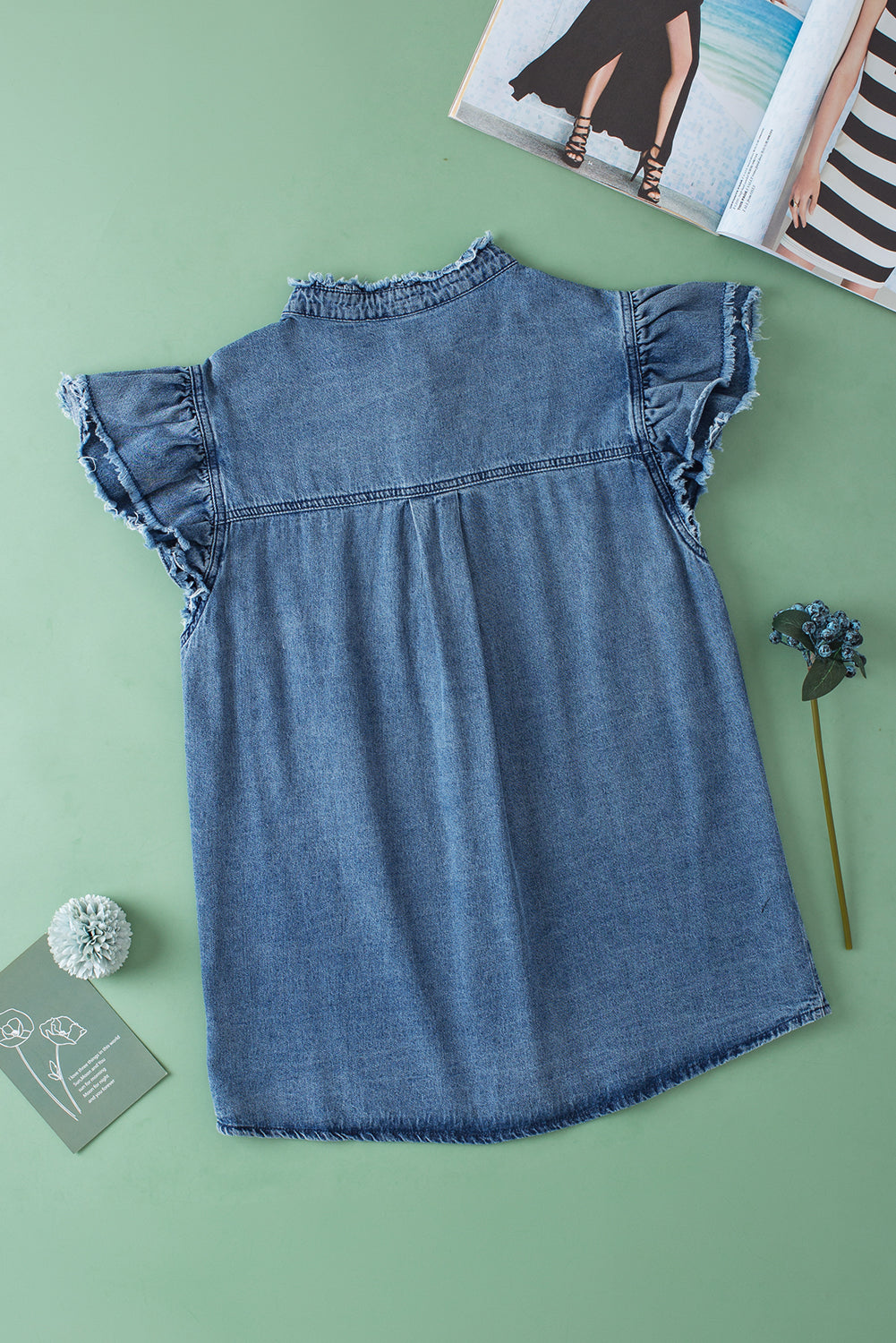 Button Front Ruffled Flutter Frayed Denim Top | Ashleigh Blue