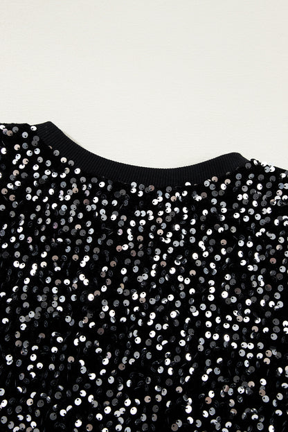 Sequined Long Sleeve Crew Neck Cropped Blouse | Black