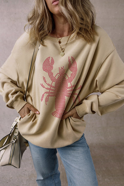 Rhinestone Crawfish Graphic Crewneck Oversized Sweatshirt | Parchment