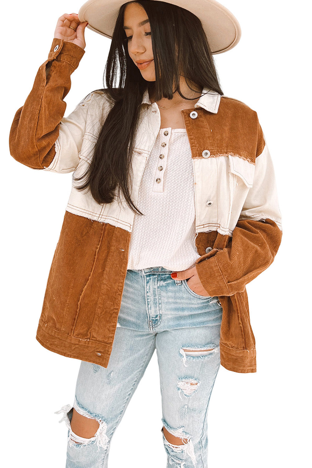 Colourblock Flap Pocket Raw Edge Buttoned Jacket | Brown