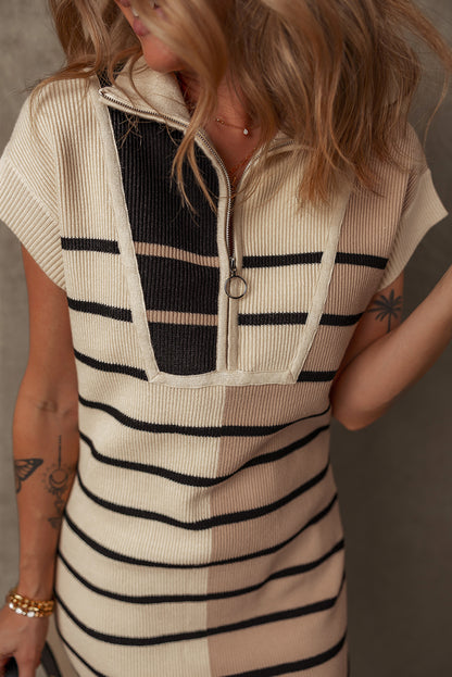 Colour Block Quarter Zip Collar Short Sleeve Sweater Dress | Khaki Stripe