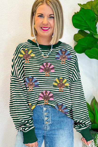 Turkey Pattern Drop Shoulder Pullover Top | Green Stripe