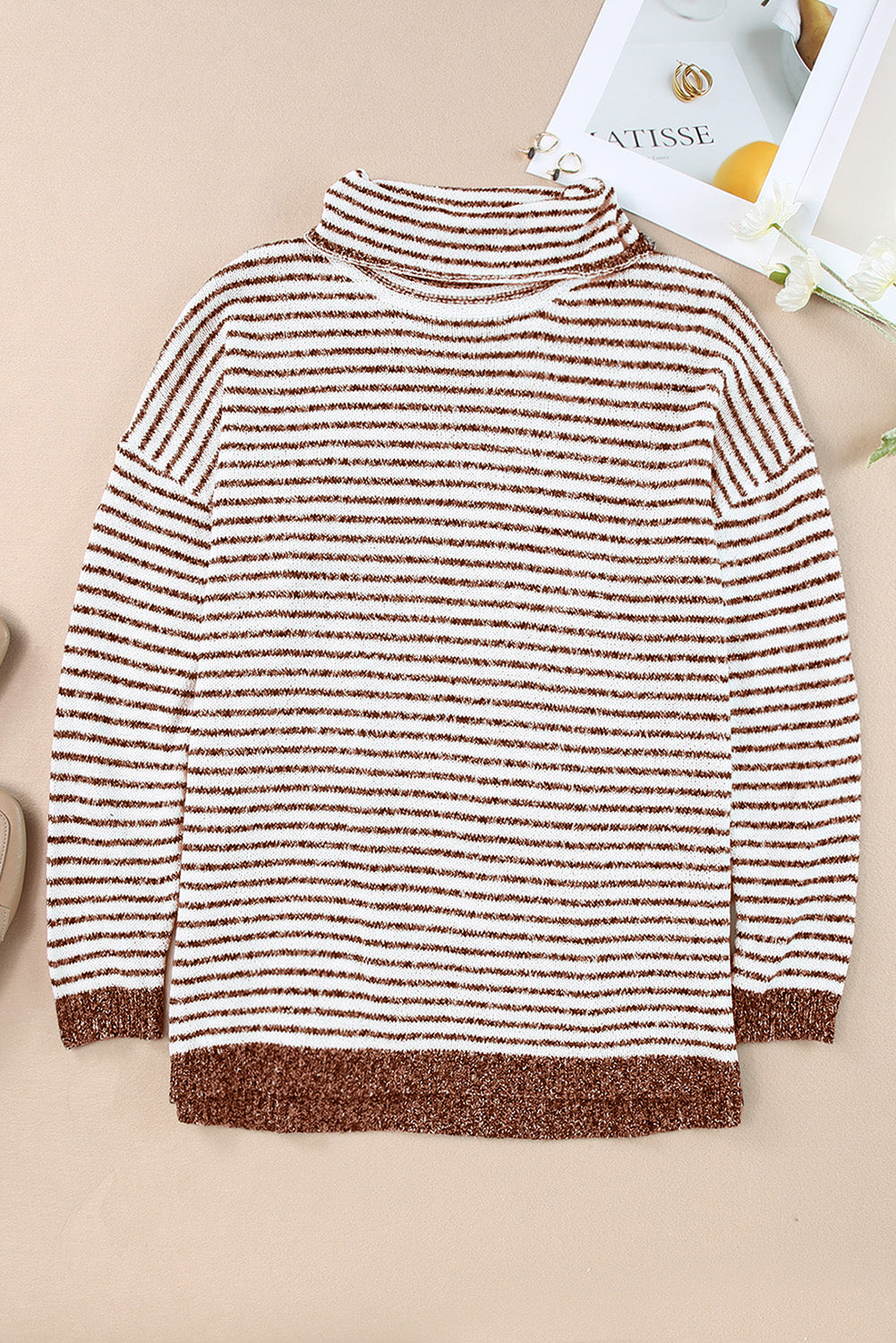 Striped Turtleneck Loose Sweater | Brown