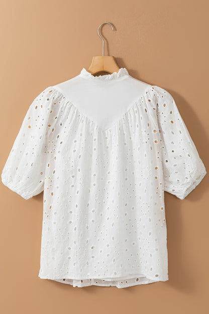 Flower Embroidered Hollow-Out Puff Sleeve Blouse | White