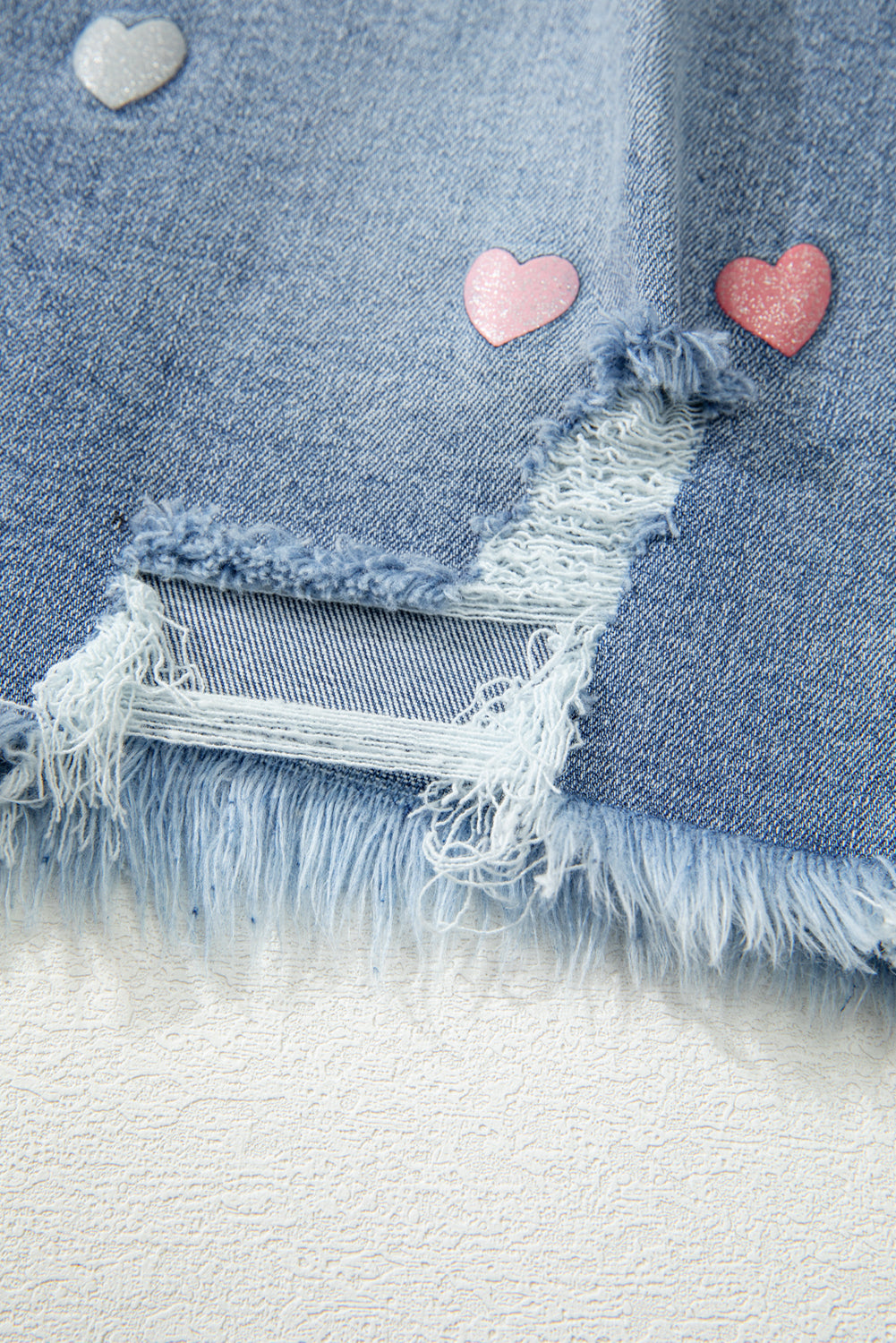 Shimmer Heart Pattern Distressed Denim Mini Skirt | Beau Blue